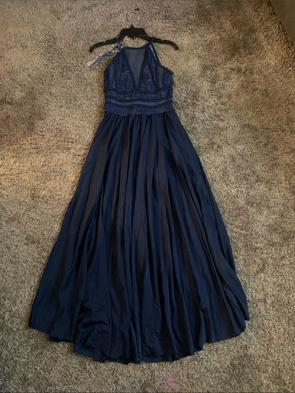 Navy Halter Lace Bodice Evening Dress